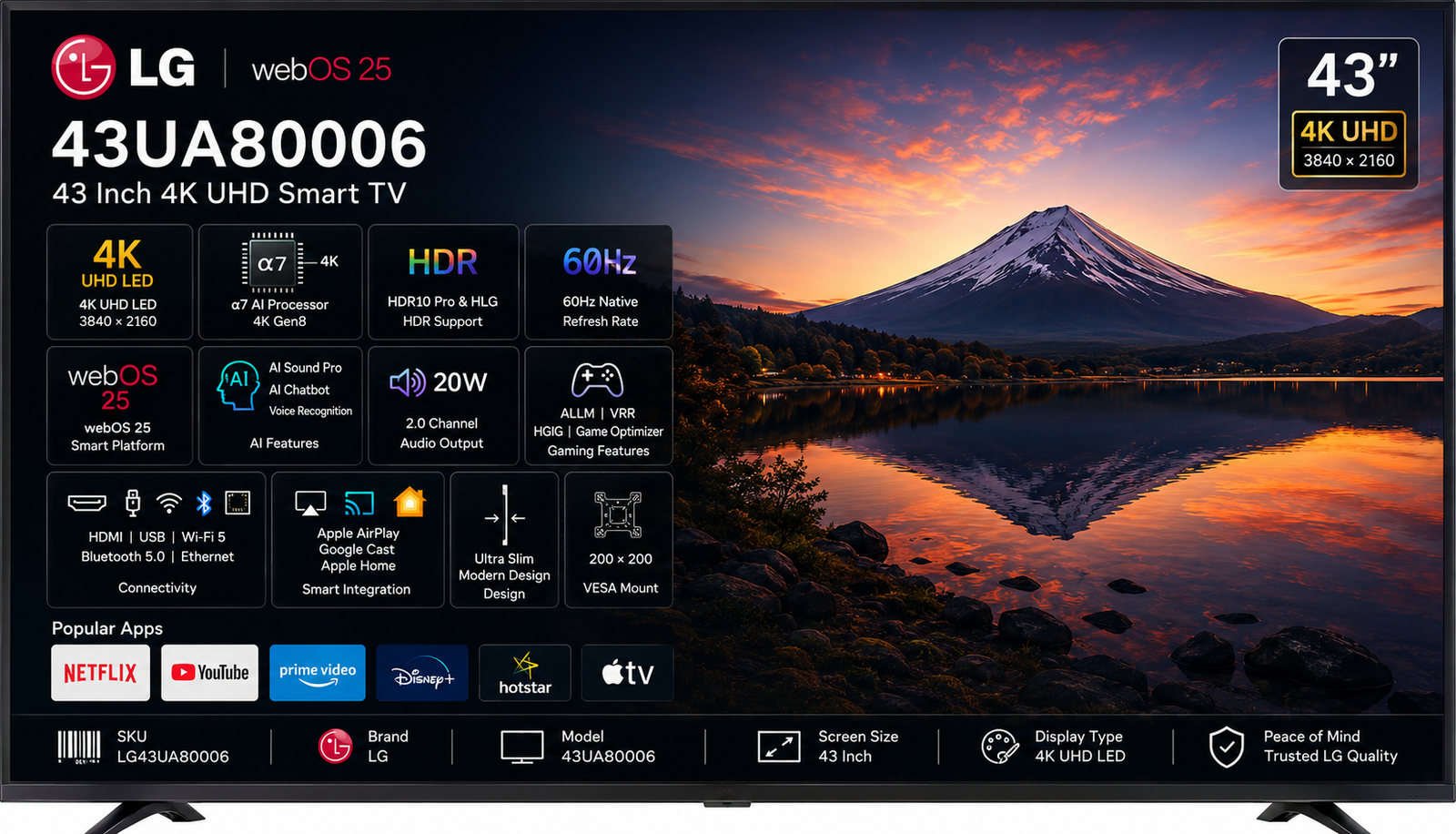 LG 43UA80006 43 Inch UHD AI 4K Smart TV LG 43UA80006 43 Inch UHD AI 4K Smart TV - Image 1
