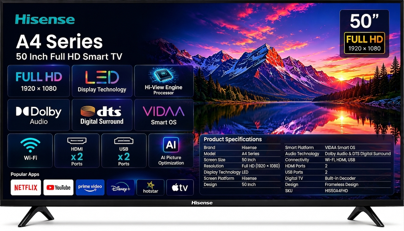 Hisense 50 Inch LED Smart 2K FHD Frameless TV (A4 Series) Hisense 50 Inch LED Smart 2K FHD Frameless TV (A4 Series) - Image 1