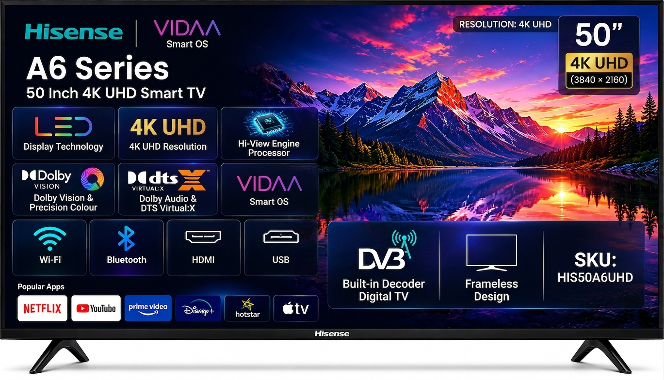 Hisense 50-Inch Smart UHD 4K Frameless TV (A6 Series) Hisense 50-Inch Smart UHD 4K Frameless TV (A6 Series) - Image 1
