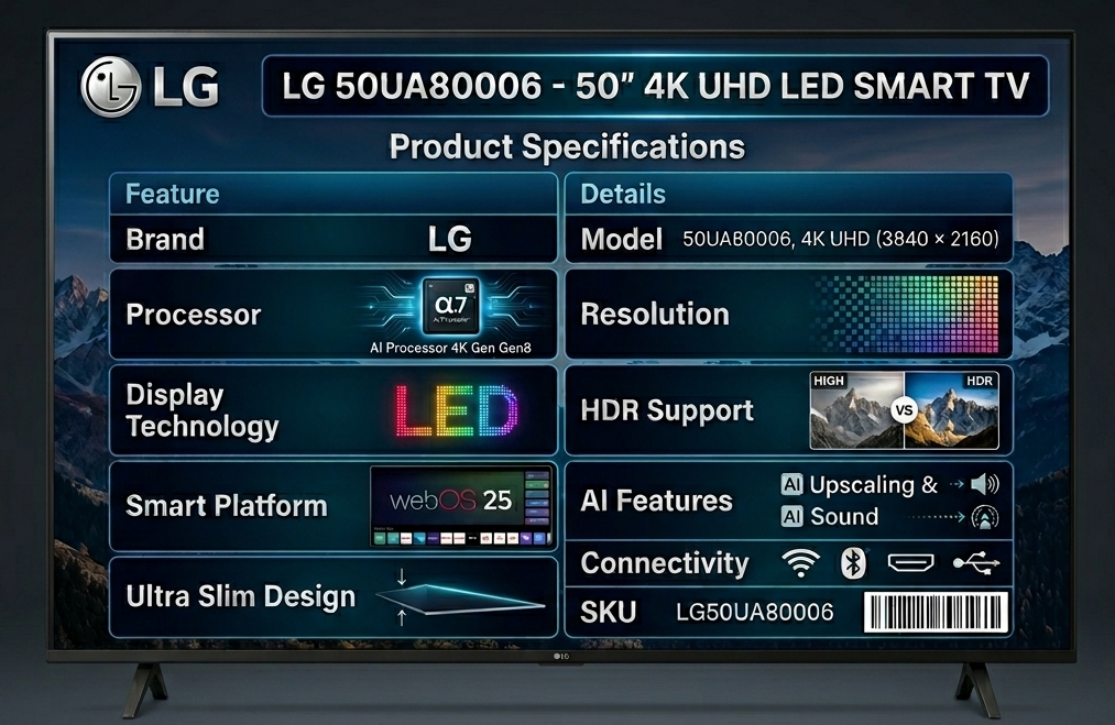 : LG 50UA80006 50 Inch UHD AI 4K Smart TV LG 50UA80006 50 Inch UHD AI 4K Smart TV - Image 1