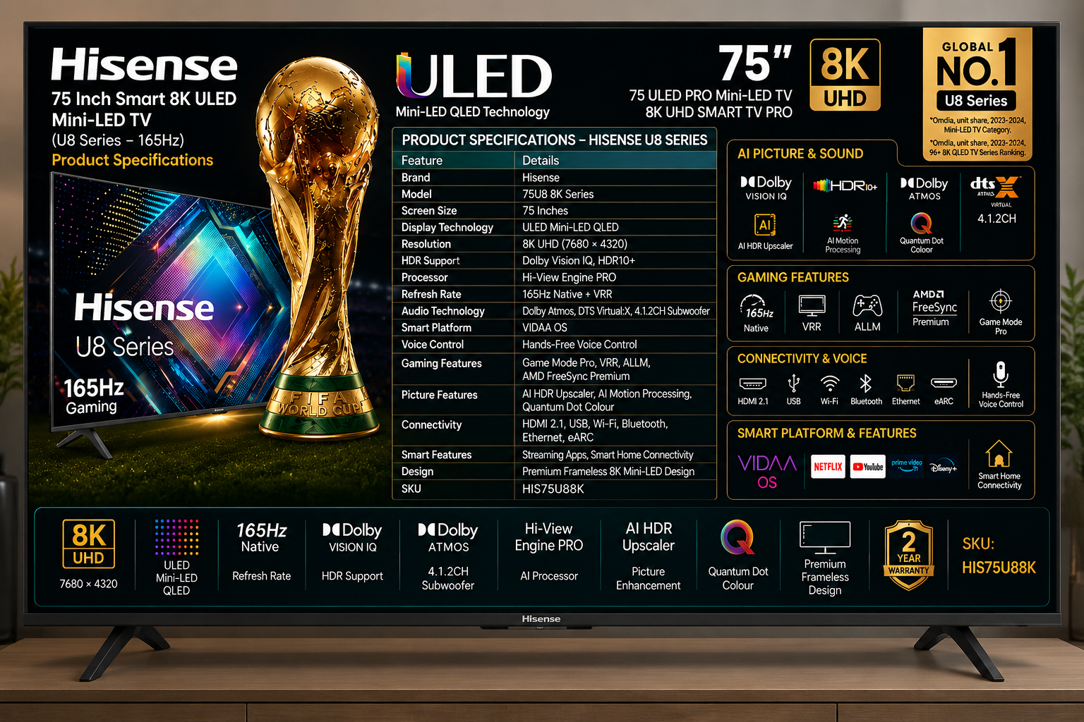 Hisense 75 Inch Smart 8K ULED Mini-LED TV (U8 Series – 165Hz) Hisense 75 Inch Smart 8K ULED Mini-LED TV (U8 Series – 165Hz) - Image 1