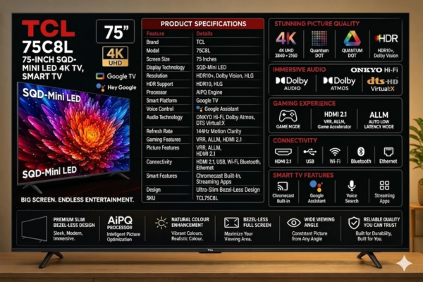 TCL 75C8L 75 Inch SQD-Mini LED 4K TV