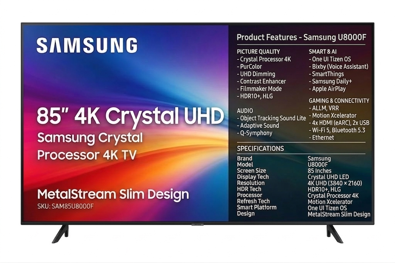 Gemini_Generated_Image_9qs3fv9qs3fv9qs3 Samsung 85 Inch U8000F 4K Crystal UHD Smart TV - Image 1