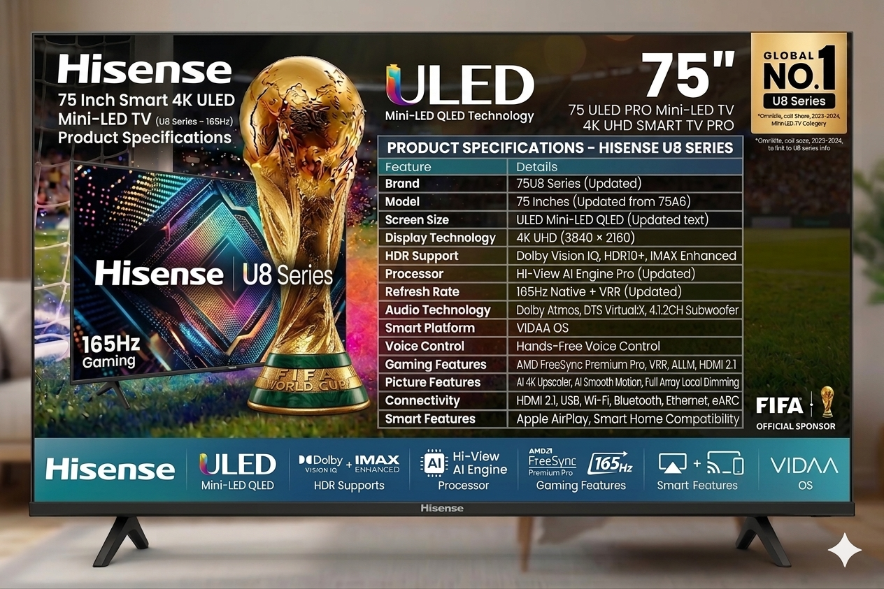 Hisense 75 Inch Smart 4K ULED Mini-LED TV (U8 Series – 165Hz) Hisense 75 Inch Smart 4K ULED Mini-LED TV (U8 Series – 165Hz) - Image 1