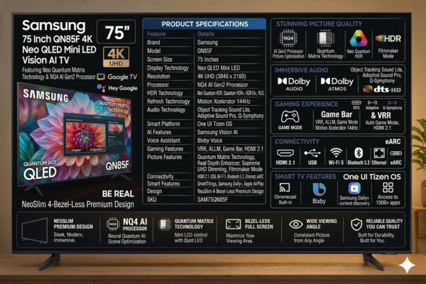 Samsung 75 Inch QN85F 4K Neo QLED Mini LED Vision AI TV