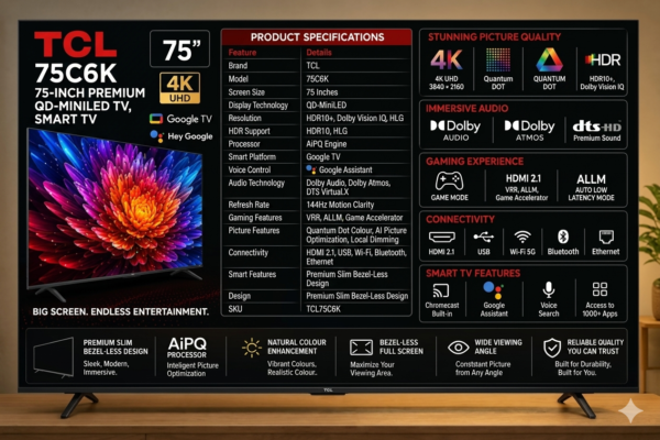 TCL 75C6K 75 Inch Premium QD-MiniLED TV