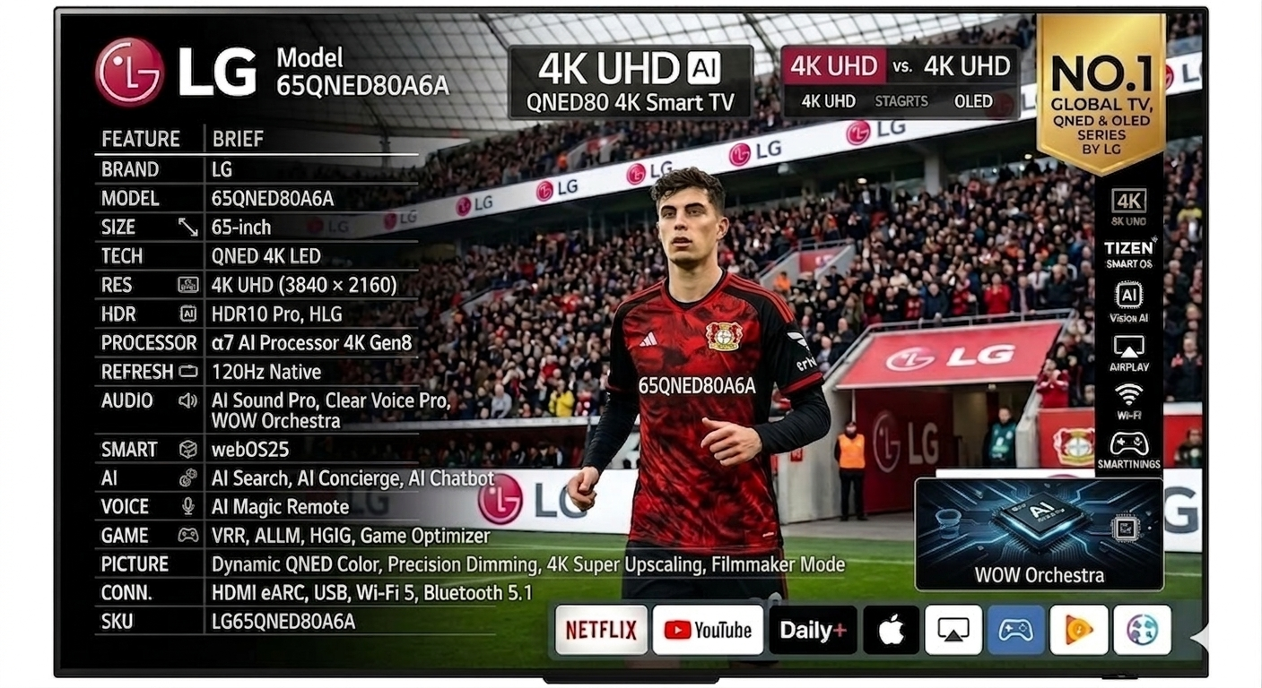 LG 65 Inch QNED AI QNED80 4K Smart TV LG 65 Inch QNED AI QNED80 4K Smart TV - Image 1