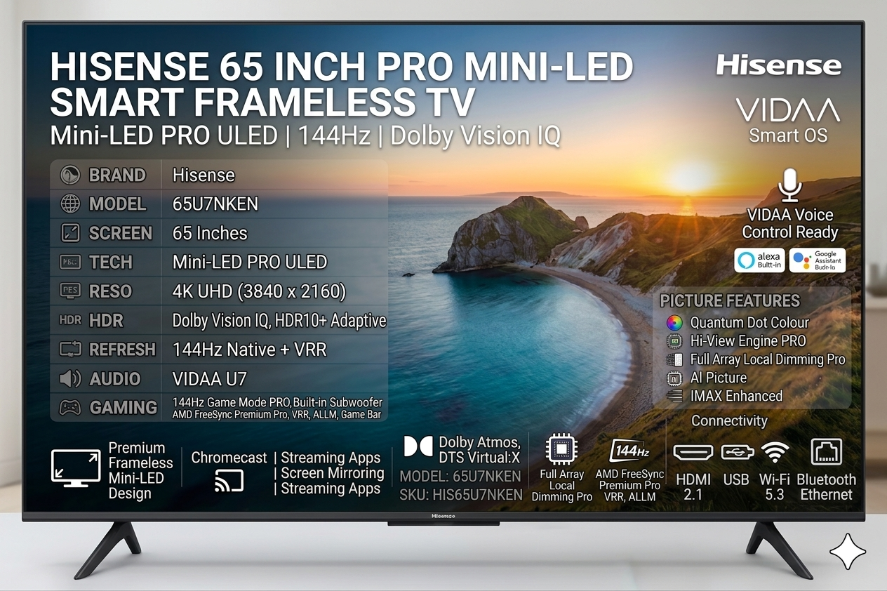 Hisense 65 Inch Pro Mini-LED Smart Frameless TV (65U7NKEN) Hisense 65 Inch Pro Mini-LED Smart Frameless TV (65U7NKEN) - Image 1