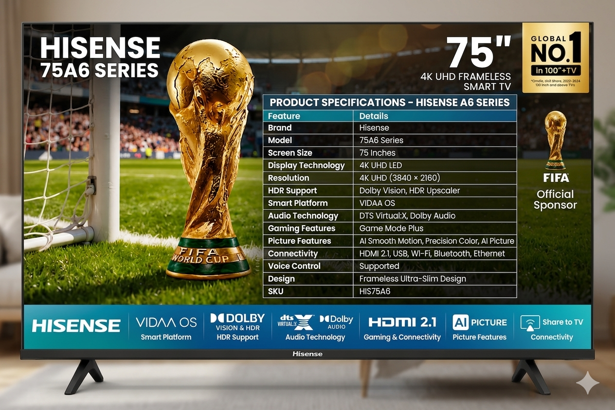Hisense 75 Inch Smart 4K UHD Frameless TV (A6 Series) Hisense 75 Inch Smart 4K UHD Frameless TV (A6 Series) - Image 1