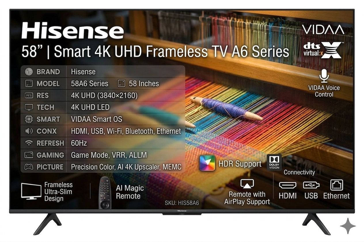 Hisense 58 Inch Smart 4K UHD Frameless TV (A6 Series) Hisense 58 Inch Smart 4K UHD Frameless TV (A6 Series) - Image 1