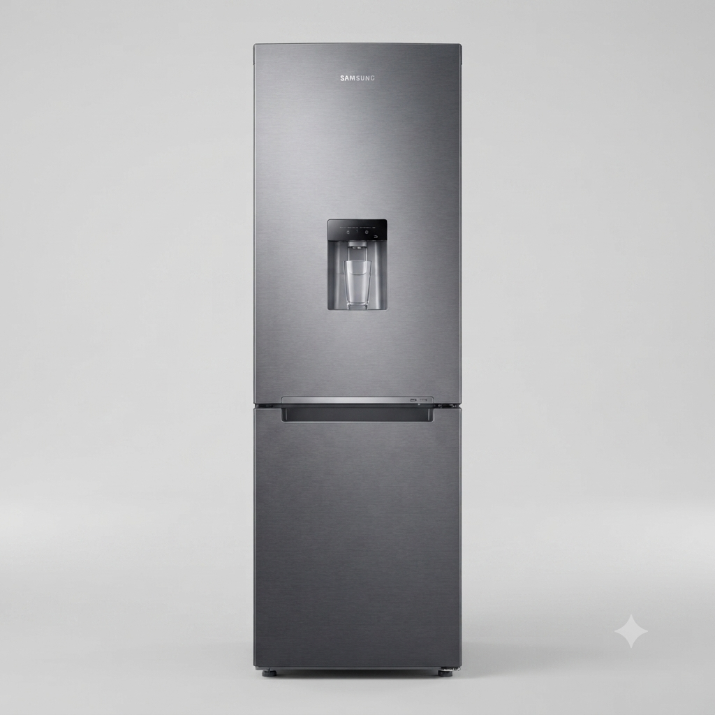 Gemini_Generated_Image_sjpghjsjpghjsjpg Samsung Bottom Mount Fridge 338 Liters Refined Inox with Water Dispenser (RB33J3611S9) - Image 1